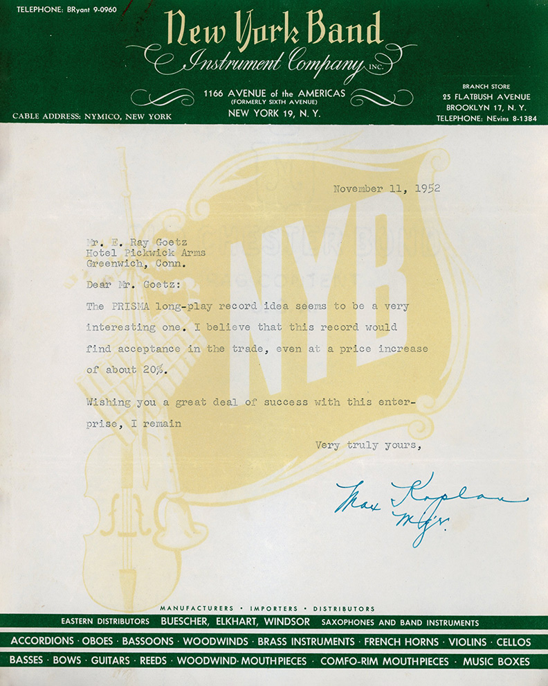 Letter from NY Band Instrument Company to Ray Goetz regarding the Prisma record's potential