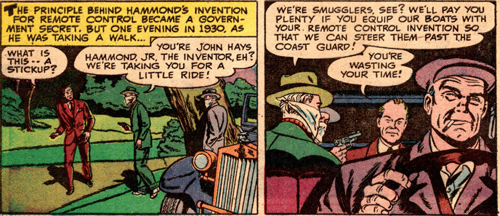 Panels from Real Fact Comics depicting an exaggerated anecdote from Hammond's life