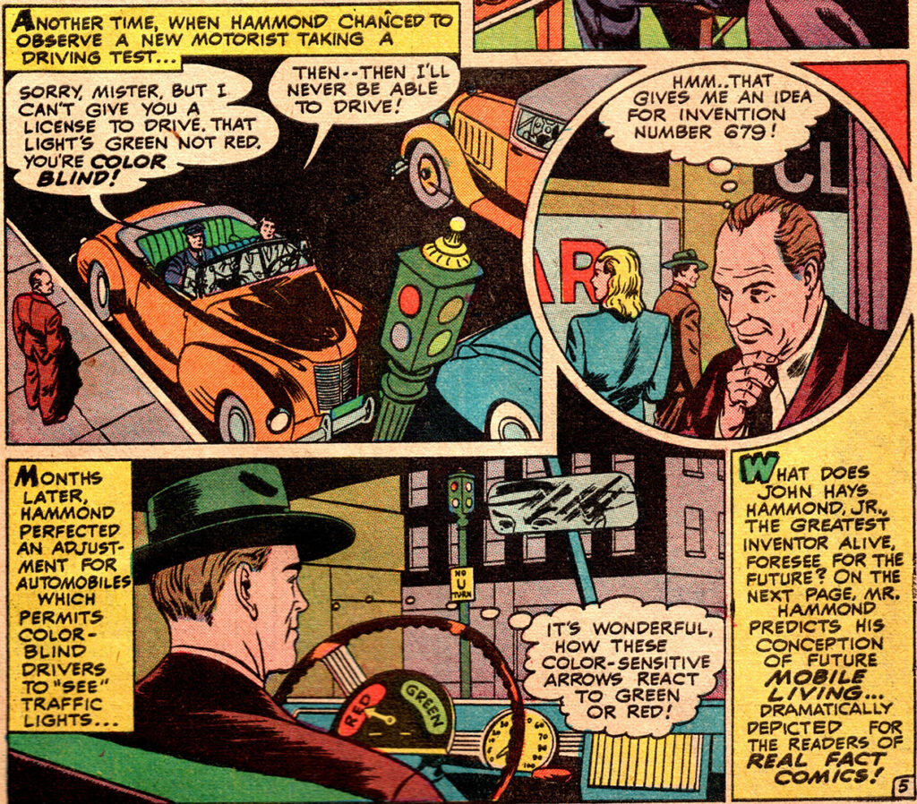 Real Fact Comics panels showing an alleged Hammond idea for colorblind-friendly traffic lights