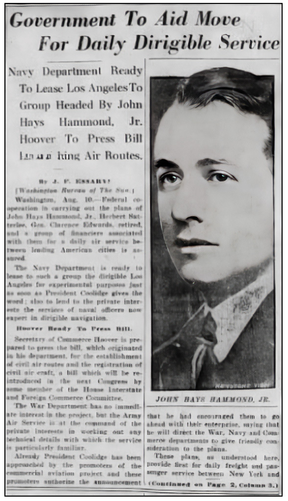 Press clipping from the Baltimore Sun, August 11, 1925 about Hammond and the Airways Corporation.
