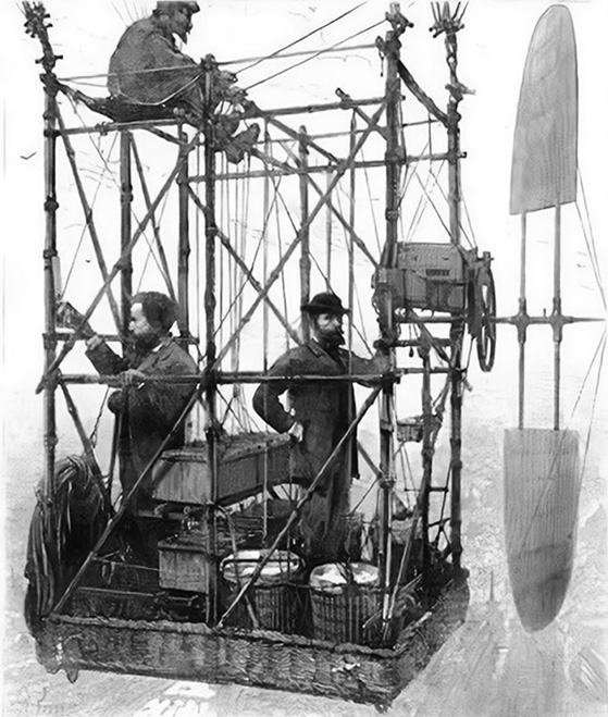 The Tissandier brothers in the engine compartment of their airship.