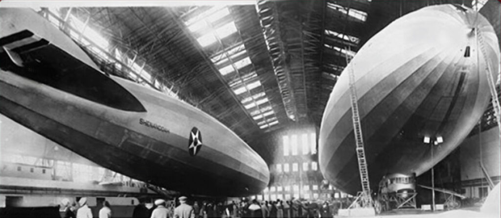 The Shenandoah (left) and Los Angeles (right) in the hangar at Lakehurst.