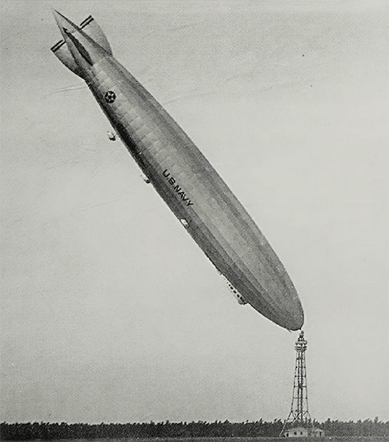 The Los Angeles is rocked by an updraft while attached to a tall mooring mast.