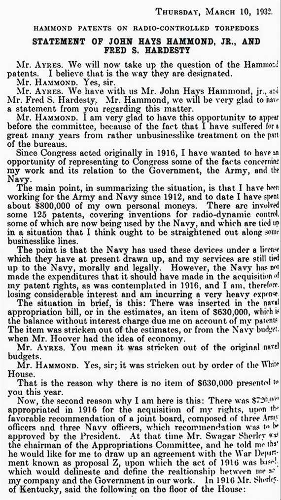 Page from the 1933 Naval Appropriations Bill Hearings featuring testimony from Hammond.