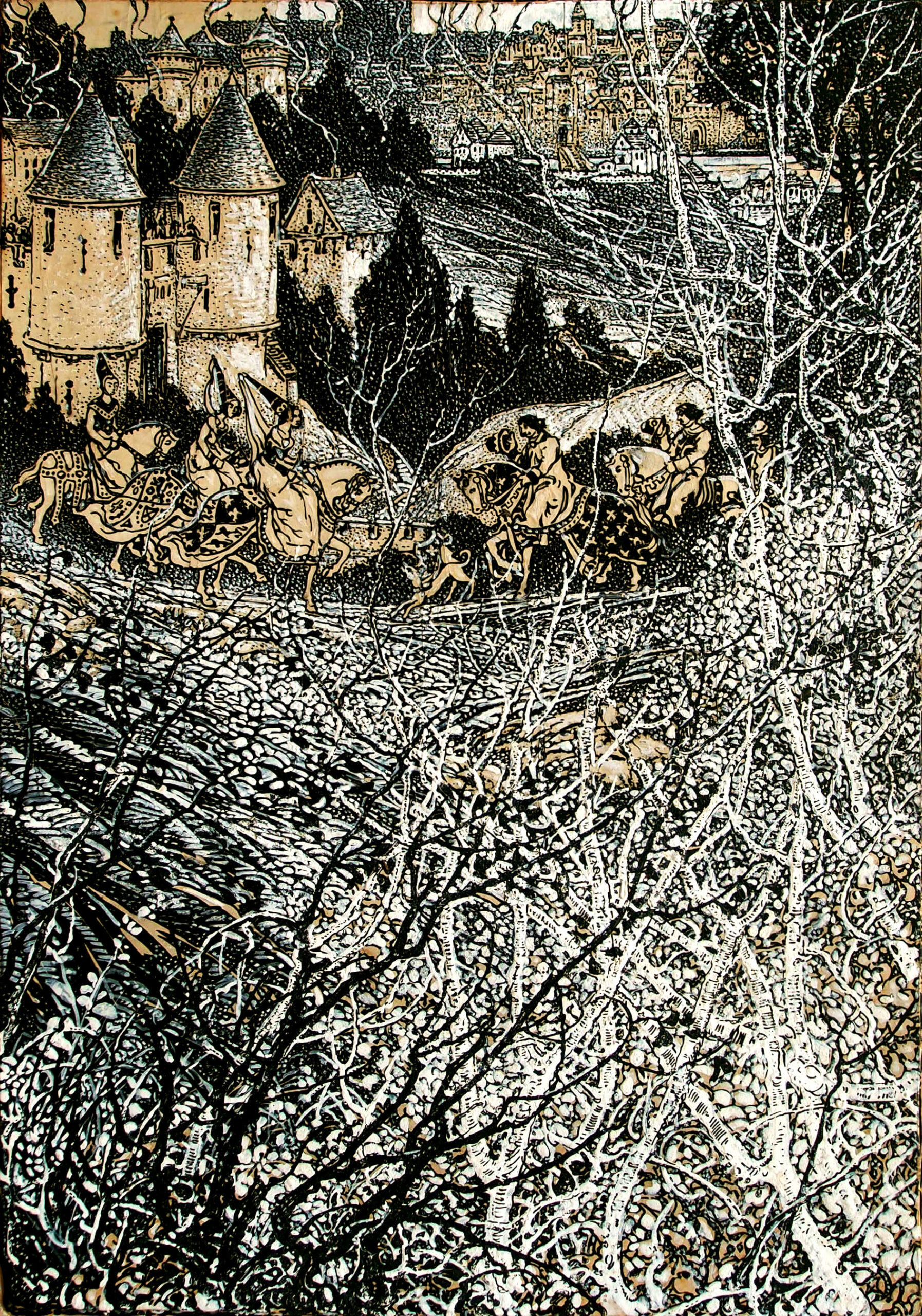 Looking At La Cite Across the Seine, Notre Dame de Paris, Victor Hugo, 1928 pen and ink and gouache on board, 16 x 23'